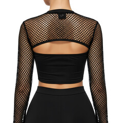 Back view of a woman wearing a black fishnet long-sleeved crop top over a black bandeau, showcasing the garment's design and fit.