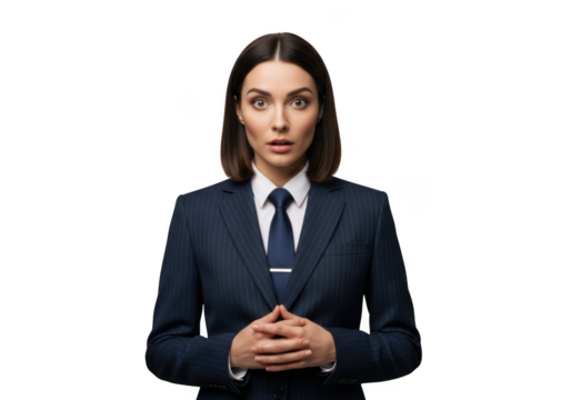 Surprised businesswoman in suit with hands clasped png image for professional use and design projects isolated on transparent background - Powered by Adobe