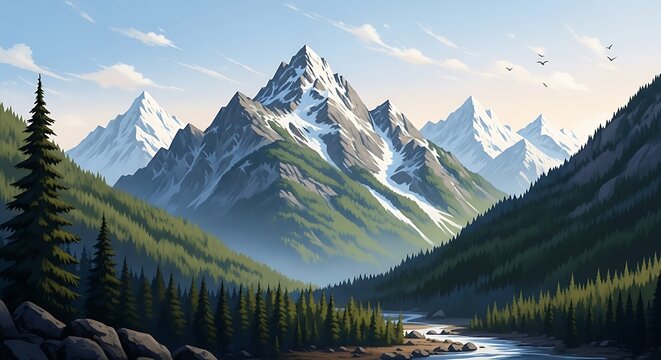 Spectacular mountain range with snow-capped peaks and lush green valleys in a tranquil wilderness