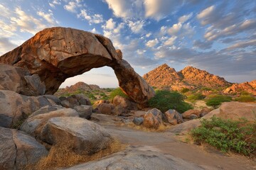 Dramatic rock archway under a sunrise sky