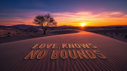 Desert sunset scene revealing the text 'Love Knows No Bounds'