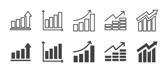 Statistic growth icons set. Editable stroke. Thin line and glyph solid icon series.