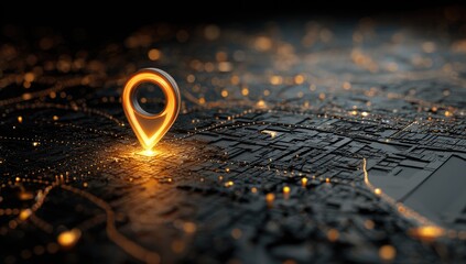 Illuminated map pin over a detailed city map