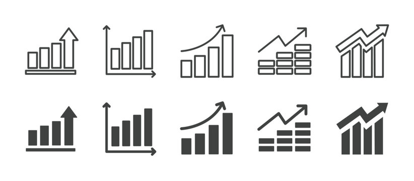 Statistic growth icons set. Editable stroke. Thin line and glyph solid icon series.