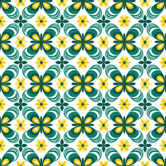 Fototapeta premium Seamless pattern Peranakan swirling floral teal and yellow