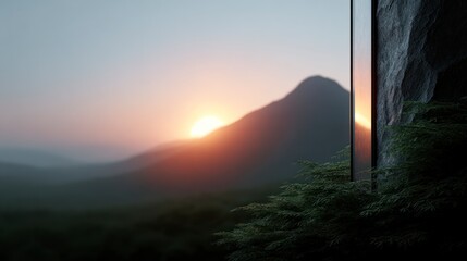 Gentle sunrise over misty mountains viewed through a window with a stone wall