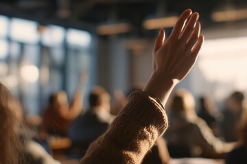Raised hand of a business strategist asking a question during a business meeting, concept for seminar participation, corporate training and workplace inclusion