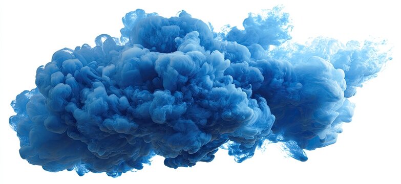Abstract swirling blue ink clouds against a white background