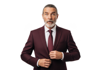 Shocked businessman in burgundy suit, portrait photography, man with gray hair, full shot, png image, isolated on transparent background