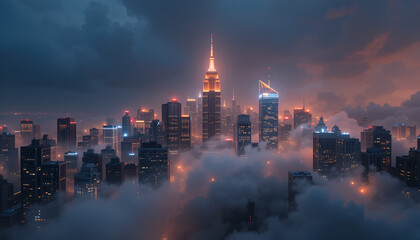 Breathtaking cityscape of new york city skyline at night with fog and clouds