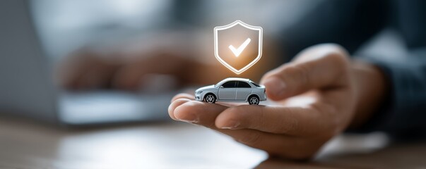 Executive's hands holding a miniature silver car with shield graphic overlay with check mark. Concept for auto insurance comparison, financial vehicle safety and transportation protection