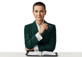 Professional businesswoman in green suit holding pen planning strategy isolated on transparent background png for designers and content creators