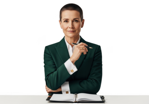 Professional businesswoman in green suit holding pen planning strategy isolated on transparent background png for designers and content creators
