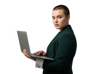 Professional woman in green suit using laptop stock photo for business and technology projects, isolated on transparent background