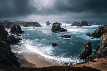 Obraz premium Dramatic coastal scene with rough surf, dramatic sky, and rocky formations