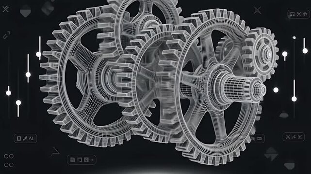 Wireframe gears interlocking on a dark background with digital interface elements
