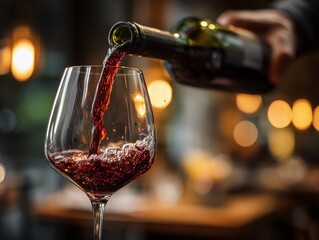 Pouring red wine into a glass with blurry background, concept for restaurant menu design, wine tasting event and alcoholic beverage promotion