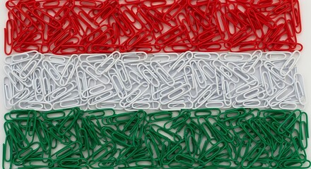 Hungarian flag constructed with red white and green paper clips arranged horizontally forming the