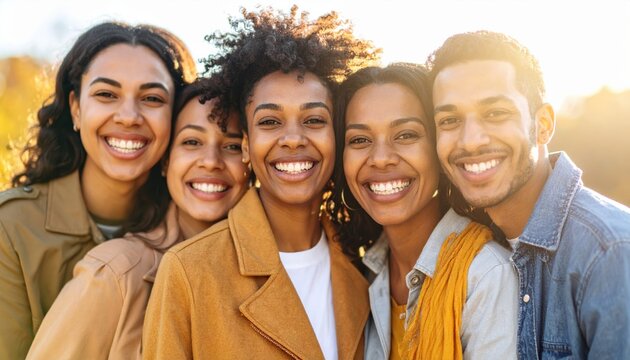 Happy diverse group of friends smiling warmly for a close-up portrait, bathed in sunlight.