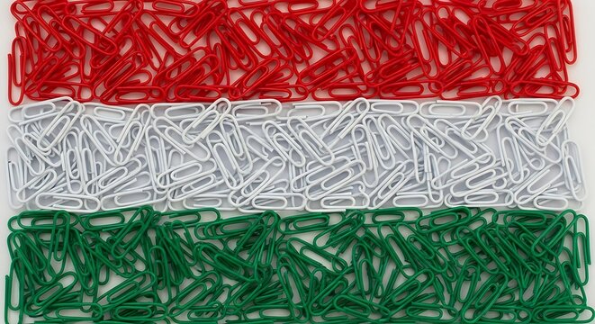 Hungarian flag constructed with red white and green paper clips arranged horizontally forming the