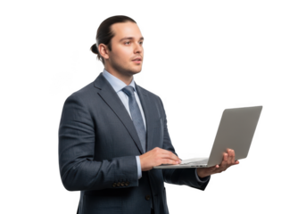 Professional businessman holding laptop wearing suit tie isolated png image for design and marketing, man using technology, isolated on transparent background