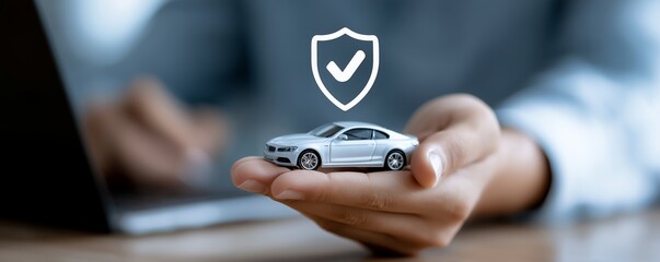 Hand holding silver toy car with protective shield icon while working on laptop, concept for vehicle insurance promotion, automotive safety plan and car loan protection