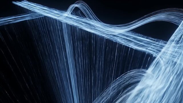 Abstract blue light trails forming a cascading effect against a black background