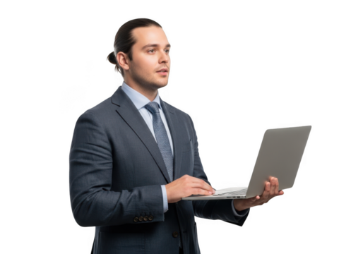 Professional businessman holding laptop wearing suit tie isolated png image for design and marketing, man using technology, isolated on transparent background - Powered by Adobe