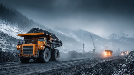 Heavy-duty mining truck traversing a coal mine roadway.