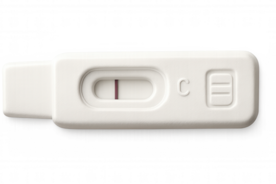 White plastic pregnancy test showing positive result with two red lines on transparent background