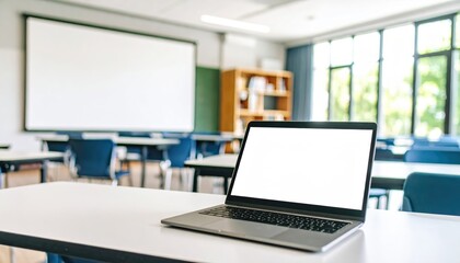 A laptop with a blank screen sits on a desk in a classroom, ready for use.