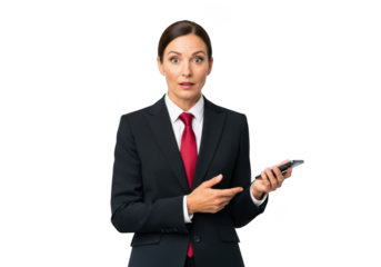 Surprised businesswoman holding smartphone pointing finger wearing suit and tie stock photo isolated on transparent background