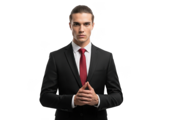 Confident businessman in suit posing with hands clasped, professional portrait, stock photo, isolated on transparent background