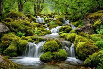 Fototapeta premium Cascading stream through mossy rocks in lush forest
