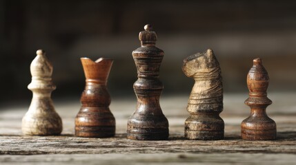 Five weathered wooden chess pieces arranged on a dark wooden surface, including pawns, king, knight, and rook,