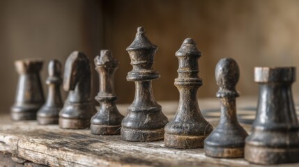Old wooden chess pieces arranged in two rows on a weathered checkered board,