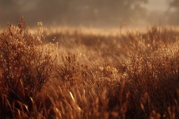 Golden, dried grasses in a field at dawn