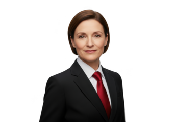 Professional businesswoman portrait in suit and red tie stock photo image for design and creative projects isolated on transparent background