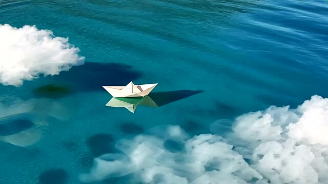 A small paper boat floats serenely on calm turquoise waters, surrounded by fluffy white clouds