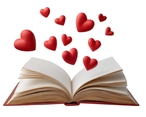 Open book love letter red heart romantic literature emotion valentine paper reading affection. An open book with red hearts floating above symbolizing romance love and heartfelt emotion literature