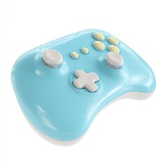 Light-blue game controller with white buttons and knobs, angled view