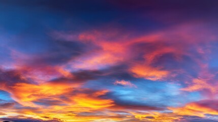 Fototapeta premium A breathtaking sunset or sunrise sky with vibrant colors, illuminated clouds in warm hues of pink, orange, yellow,