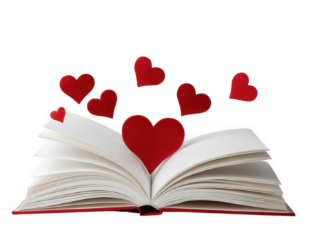Open book with red heart shapes flying above pages, symbolizing romance, love letter, and affection, isolated on transparency background, evoking warm and sentimental feeling