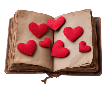 Old book open to page with red felt hearts, symbolizing romance, nostalgia, and affection, perfect for Valentine Day or love themed concepts, with vintage emotional touch - Powered by Adobe