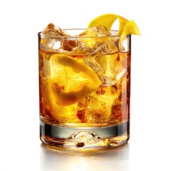 Golden cocktail with ice and lemon