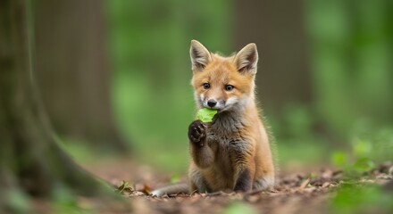 Adorable red fox kit playfully nibbles leaf in dappled sunlight forest. AI Generated
