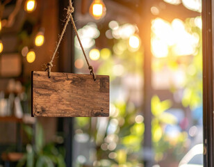 A wooden sign hangs in a doorway, illuminated by warm light, inviting customers inside.