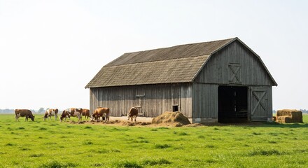 Fototapeta premium Rustic barn peacefully stands in sunlit pasture cows graze near hay bales. AI Generated