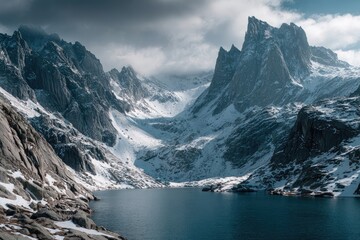Snowy mountain peaks framing a serene glacial lake