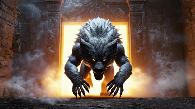 Fierce werewolf creature with glowing eyes and sharp claws emerging from fiery ancient stone doorway surrounded by dark smoke and fire creating